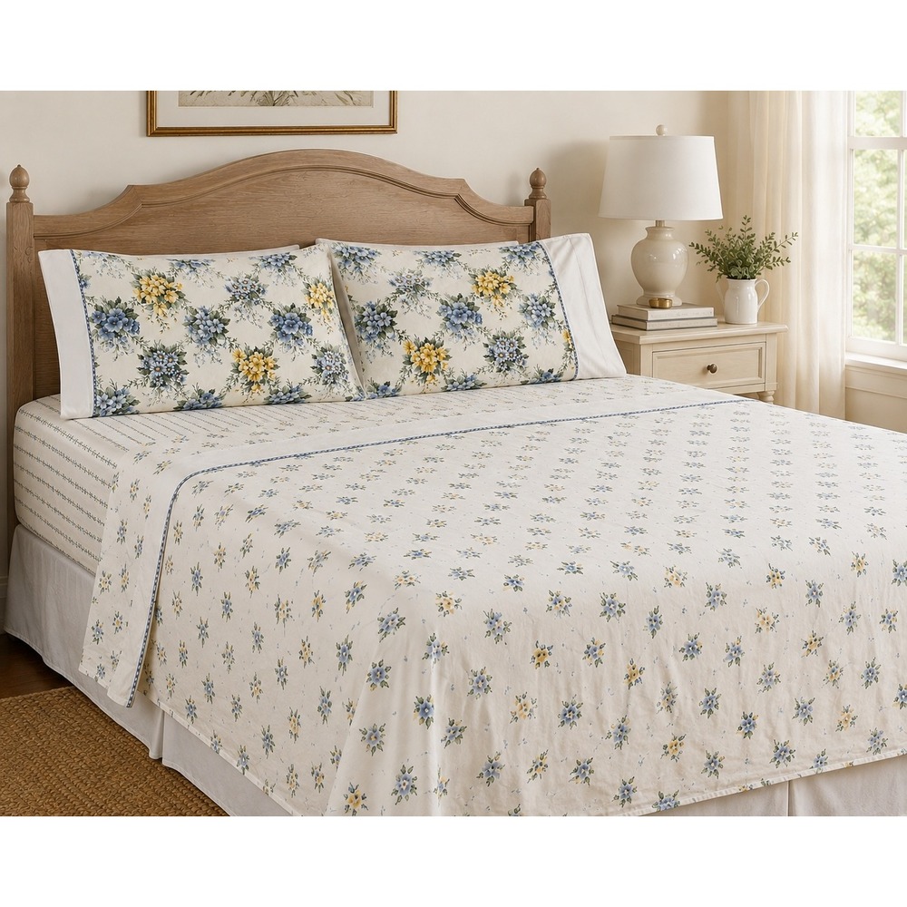 Vintage Liz Claiborne Liz At Home King Sheet Set‎ Blue Yellow Floral Cottage 4Pc
